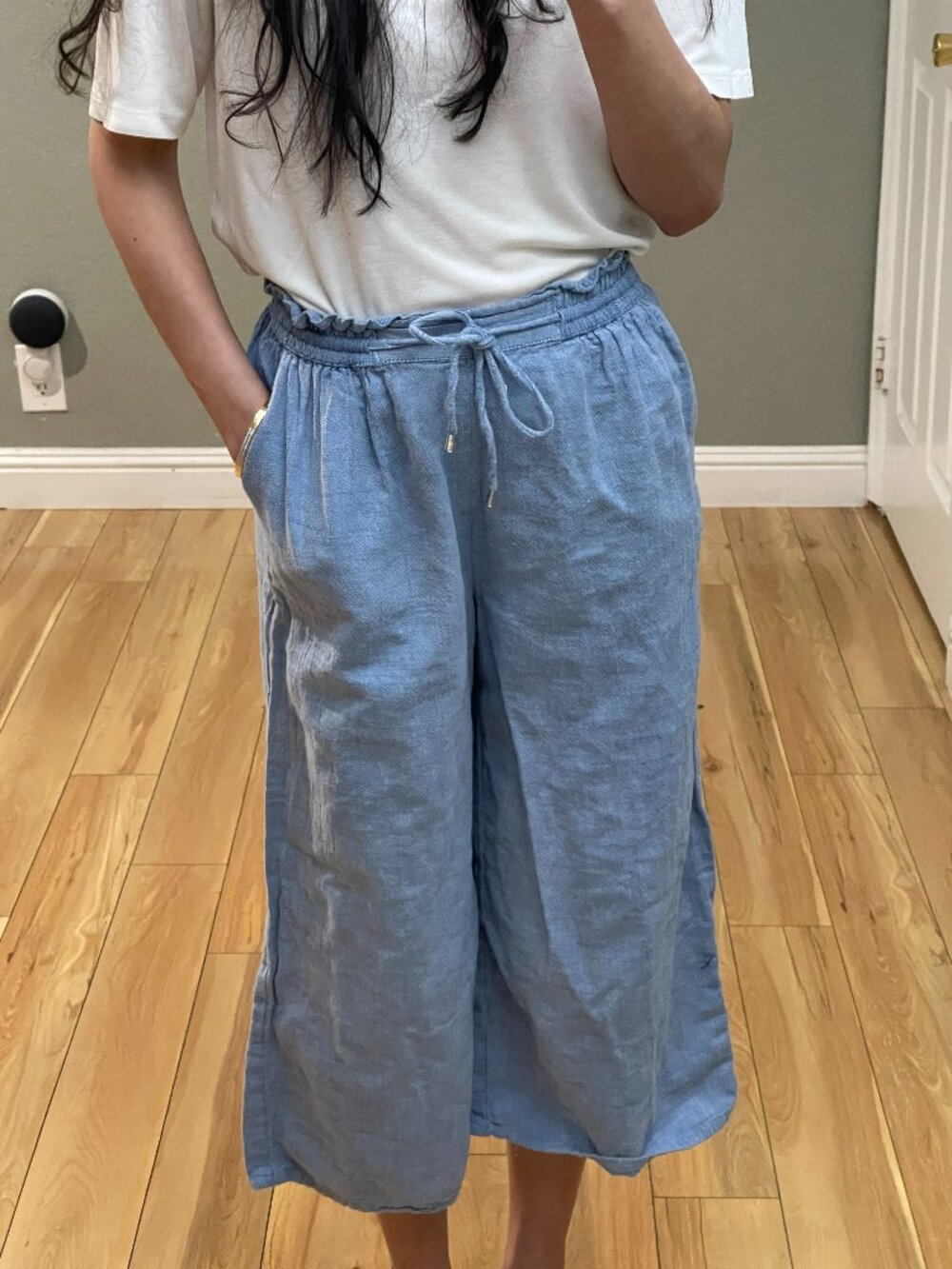 MAX Women's Light Blue Wide Leg Cotton Culotte Pants XS Drawstring Elastic Waist